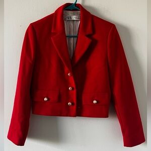 Zara Red Cropped Blazer Jacket Pearl Buttons in Size Small
